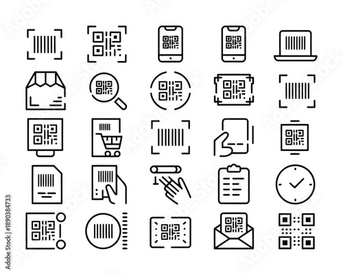 Collection of vector icons depicting various qr codes and barcodes in different contexts.
