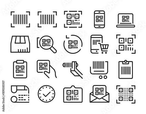 Vector icons of barcodes and qr codes on various devices and objects for scanning