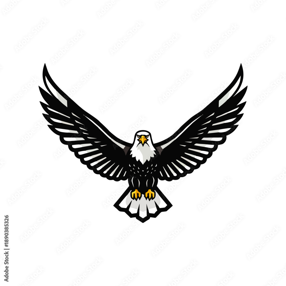 Obraz premium A black and white illustration of a bald eagle in mid-flight with outstretched wings on a white background.