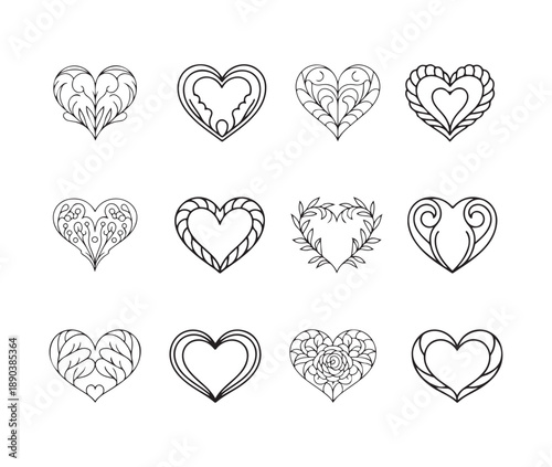 Twelve delicate black outline heart emblems featuring detailed carvings scrollwork and natural vine designs