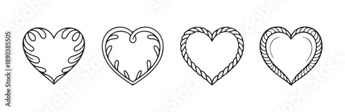 Four heart outlines featuring baroque leaf borders twisted rope and simple rounded framing elements