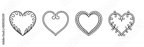 Set of four stylized heart shapes with baroque scrolls rope edging and detailed curved outlines