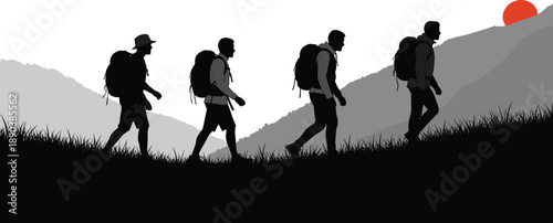 Group of hikers silhouette walking on mountain trail at sunset, backpackers trekking outdoors, adventure travel and teamwork concept