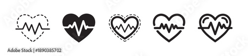 Row of diverse heart icons showcasing electrocardiogram monitor lines dashed borders and filled silhouettes