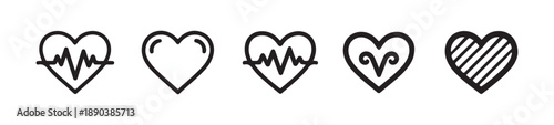 Five unique heart symbols featuring pulse lines plain outlines astrological ram sign and striped pattern