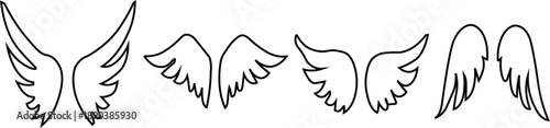 Set of hand drawn angel and bird wings. Angel wings. Feather wing pattern. Mystical tatto concept. Wings silhouette icon set. Feather icons for branding. Doodle hand drawn sketch of angel wings.
