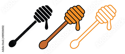 Honey jar featuring glass pots with wooden dipper and flowing honey, vector design for rank titles, natural product marketing, gourmet illustration, culinary content, packaging design, 