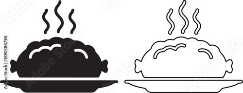 Hot meat pie vector illustration set featuring solid black silhouette and simple linear outline styles for traditional bakery menus, savory dinner meals, and delicious food symbols.