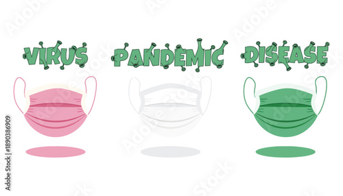 A graphic illustration of medical face masks and virus pandemic disease prevention