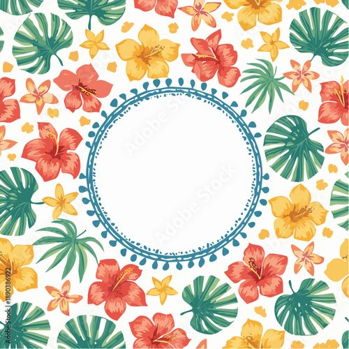 Tropical summer pattern. Hawaii seamless background. Retro exotic vacation print. Mediterranean texture with frame