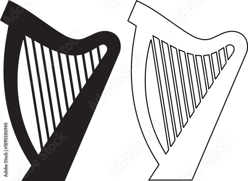 Classical harp vector icon set featuring solid black silhouette and simple linear outline styles for musical instrument logos, Celtic orchestra symbols, and acoustic concert signs.