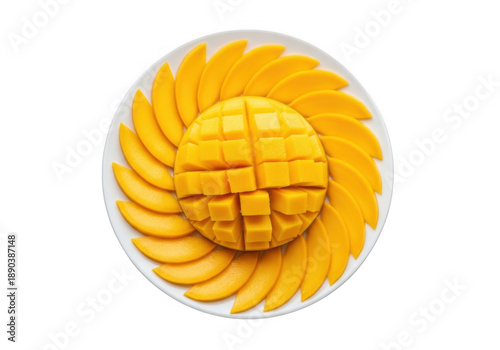 Freshly sliced mango on a plate isolated on transparent background
