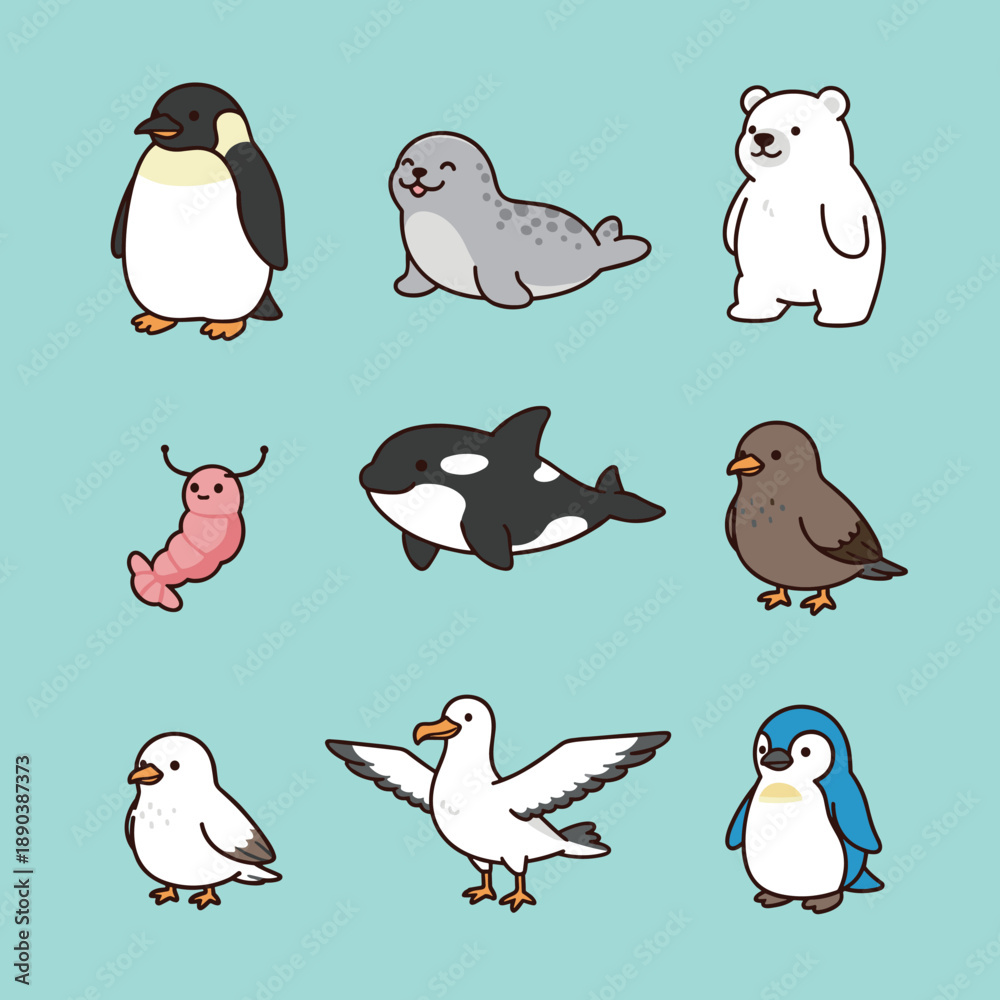 Obraz premium Arctic and Antarctic Animal Character Collection with Polar Bear Penguin Seal Whale and Sea Birds in Cute Flat Vector Style for Kids Education