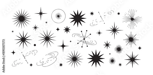 Mid century modern space age star shapes and cosmic bursts in minimalist outline style