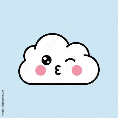 Cute kawaii cloud character with blushing cheeks and winking face isolated on light blue background, minimalist flat vector illustration for weather app