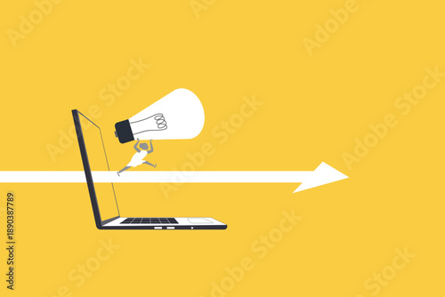 Business woman holding a glowing light bulb out from a computer screen. concept of creative digital innovation