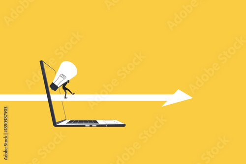 Businessman holding a glowing light bulb out from a computer screen. concept of creative digital innovation