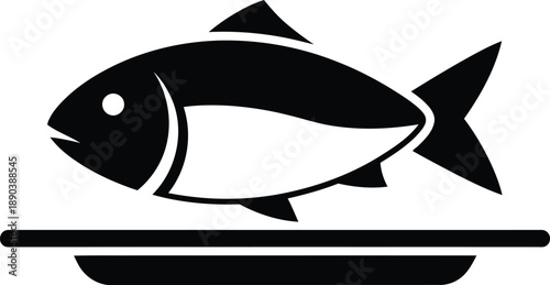 Fresh fish on plate vector icon set featuring solid black silhouette and simple linear outline styles for seafood restaurant menus and healthy cooking dinner symbols.