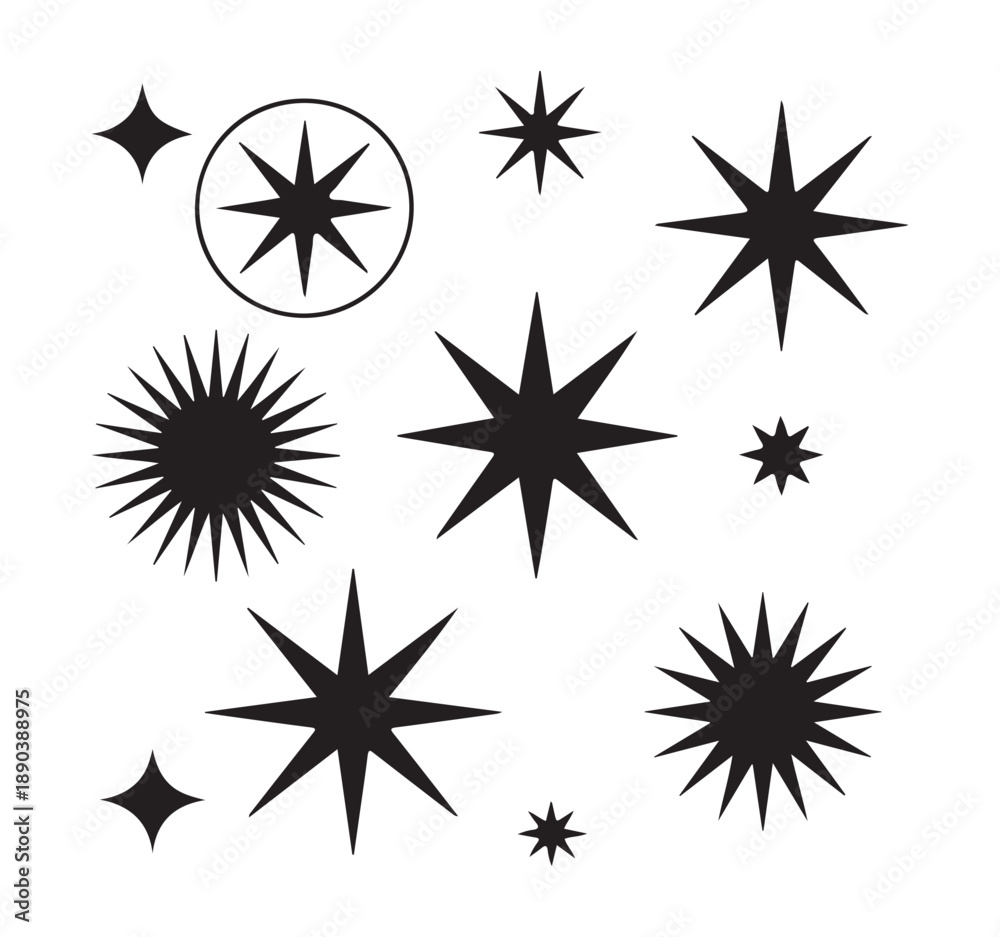 Obraz premium Variety of stylized stellar bursts and sparkles in black solid fills for abstract decorative applications