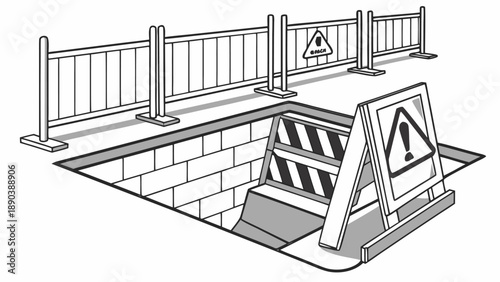 Road construction site with a deep trench along the city street, secured by safety fencing and warning signs, emphasizing repair work and infrastructure safety.