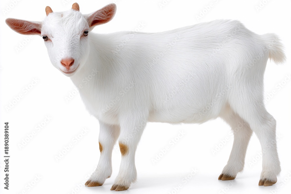 Fototapeta premium Small white goat standing on a plain background