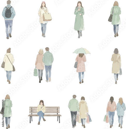 Hand drawn watercolor illustration, watercolor people walking set, casual urban men and women illustration collection