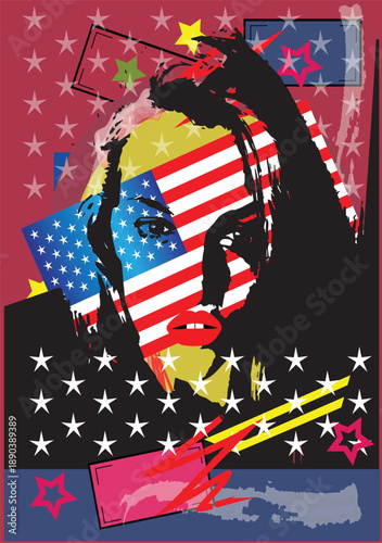 American Flag Woman Pop Art. This pop art image features a woman's face partially overlaid with the American flag.