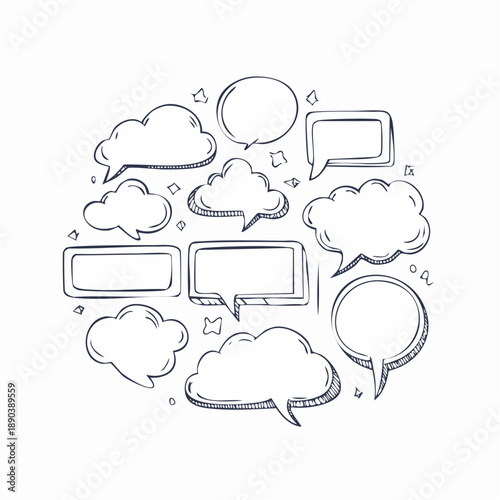 Doodle speech bubbles. Line simple frame. Hand drawn decorative speech balloon, text communicative box. Outline cute stickers for notepad, comic cloud for title.