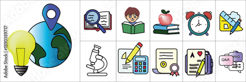 Education and Study Icons Set with Learning, Research, Exam, School Tools and Knowledge Concepts – Flat Vector Illustration for E-learning, Academic Projects, Online Courses and Educational Apps