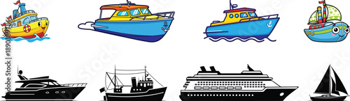 Boat and Ship Illustration Set – Cartoon, Classic & Silhouette Watercraft