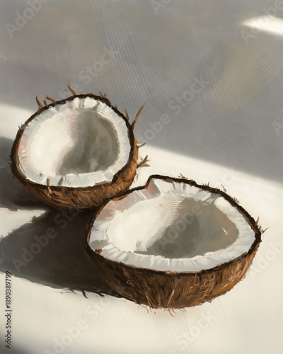 Pintura de um coco seco partido em duas metades sobre fundo branco sob luz forte e clara em meia sombra