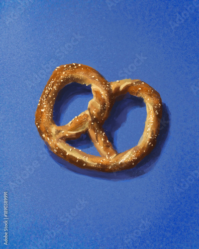 Pintura de pretzel assado delicioso sobre fundo azulado visto de cima, ilustração para quadro de casa