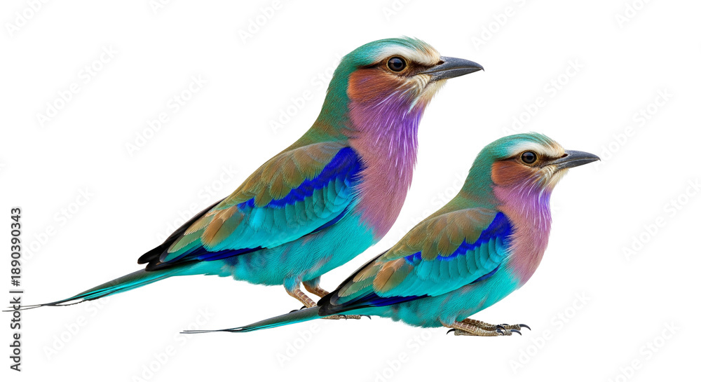 Fototapeta premium Rainbow colored lilac breasted roller bird with its chick stands together on a white background