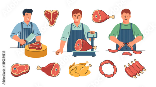 Butchers working with various meat products and sausages