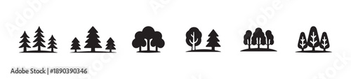 Simple black silhouette set of different coniferous and deciduous forest tree cluster icons