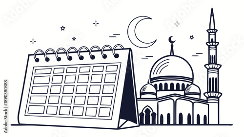 Calendar highlighting Ramadan with a crescent moon near a mosque and minaret illustration