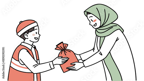 A young boy receives a gift bag during Ramadan from a smiling woman wearing a green hijab
