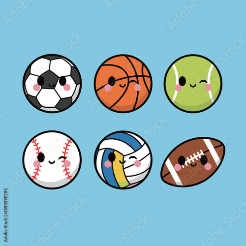 Cute kawaii sports ball characters set including soccer basketball tennis baseball volleyball and rugby with smiling faces and glowing pink cheeks