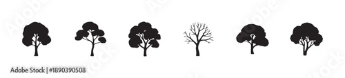 Group of six solid black tree vector shapes representing various species on a plain white backdrop