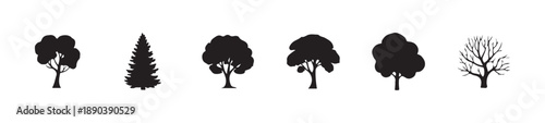 Six minimalist black tree icons showing different shapes of conifers and leafy deciduous forms on white