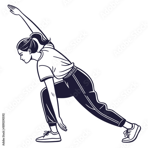 Woman stretching in yoga pose with arm raised and leg extended sideways illustration.svg	Woman stretching in yoga pose with arm raised and leg extended sideways illustration	Illustration of a young wo