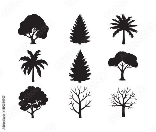 Grid of nine black tree silhouettes featuring conifers palm trees and bare branches on white canvas