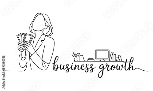 Woman holding money near desk with computer and books represents business growth