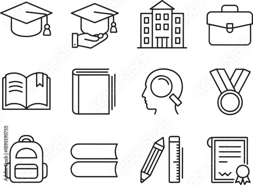 Education learning icons with graduation cap and book and school building and briefcase