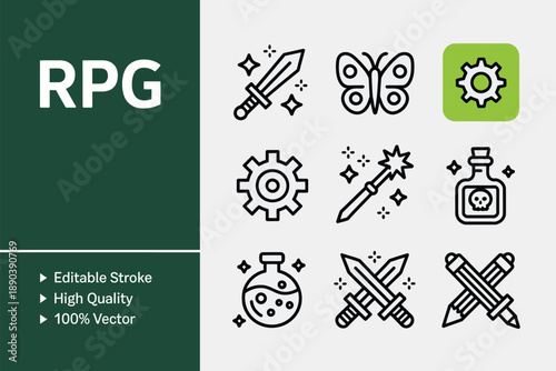 R P G featuring swords, butterflies, potions, and gears on green background