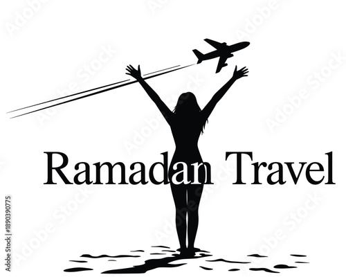 Woman waving at airplane with travel 