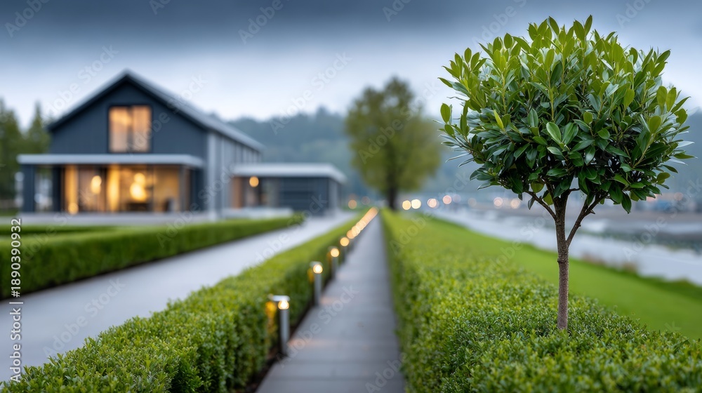 Obraz premium Pathway guides toward a contemporary house, lined with shrubs under a dusky sky, creating a warm atmosphere