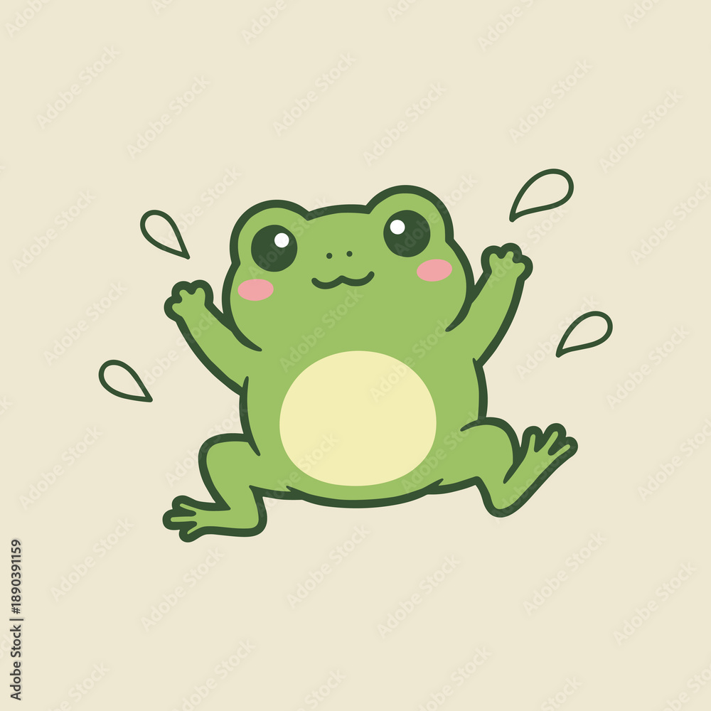 Obraz premium Adorable Green Frog Character Jumping with Water Drops and Pink Cheeks, Cute Cartoon Amphibian Vector Illustration Isolated on Beige Background