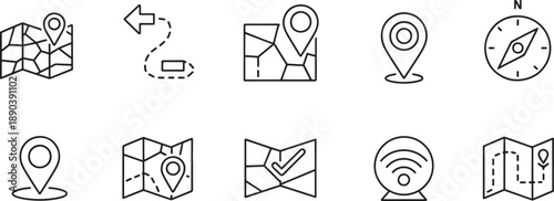 Navigation and location icons for travel and mapping purposes online