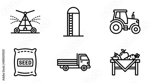 Agriculture and farming line icon set featuring tractor silo irrigation seed bag and truck
